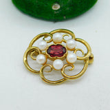 9ct Yellow Gold, Garnet & Pearl Set Floral Dress Brooch Vintage c1970 London