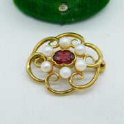 9ct Yellow Gold, Garnet & Pearl Set Floral Dress Brooch Vintage c1970 London