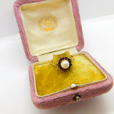 9ct Yellow Gold, Pearl & Garnet Flanked Floral Cluster Ring Vintage c1970
