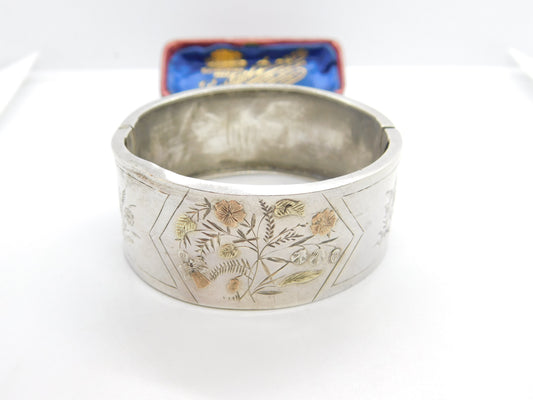 Victorian Aesthetic Movement Sterling Silver & Gold Floral Cuff Bangle c1880