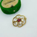 9ct Yellow Gold, Garnet & Pearl Set Floral Dress Brooch Vintage c1970 London