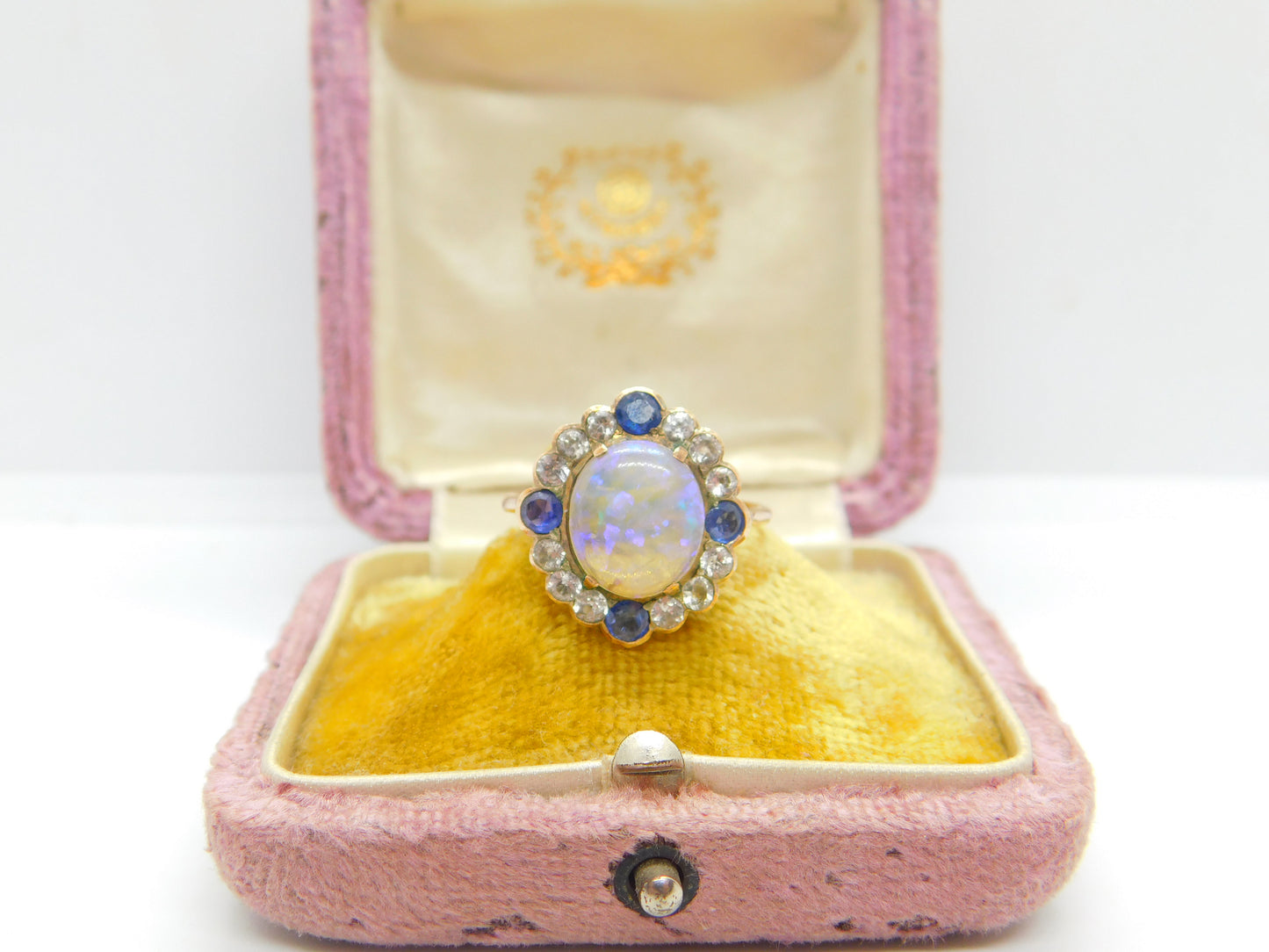 Victorian 9ct Rose Gold, Water Opal & Two-Tone Sapphire Dress Ring Antique c1850