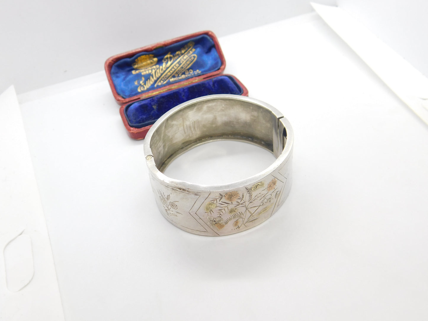 Victorian Aesthetic Movement Sterling Silver & Gold Floral Cuff Bangle c1880