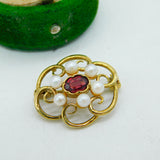 9ct Yellow Gold, Garnet & Pearl Set Floral Dress Brooch Vintage c1970 London