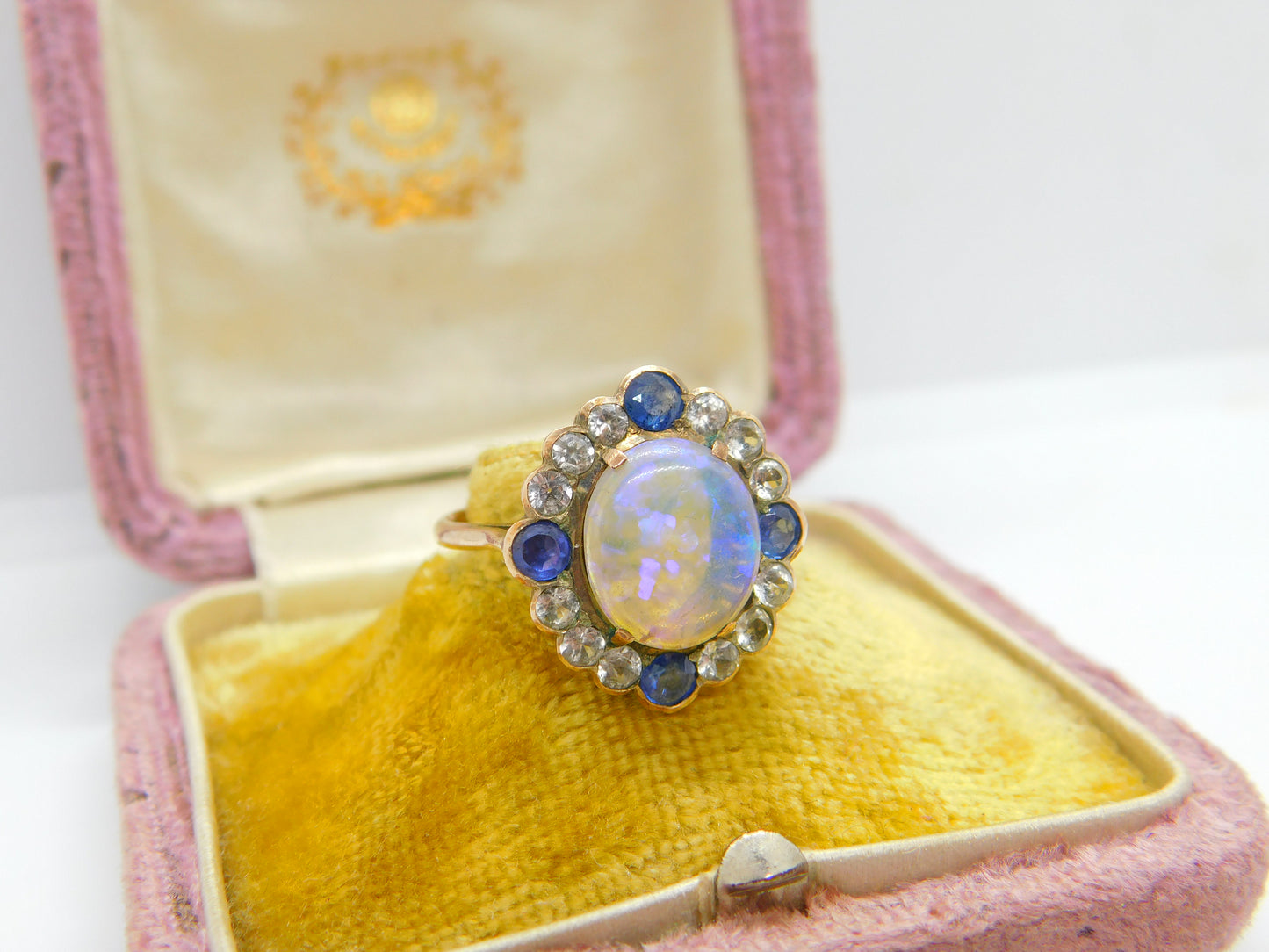 Victorian 9ct Rose Gold, Water Opal & Two-Tone Sapphire Dress Ring Antique c1850