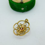 9ct Yellow Gold, Garnet & Pearl Set Floral Dress Brooch Vintage c1970 London