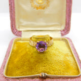 9ct Yellow Gold Textured Pattern Solitaire Ring with Amethyst Setting Vintage