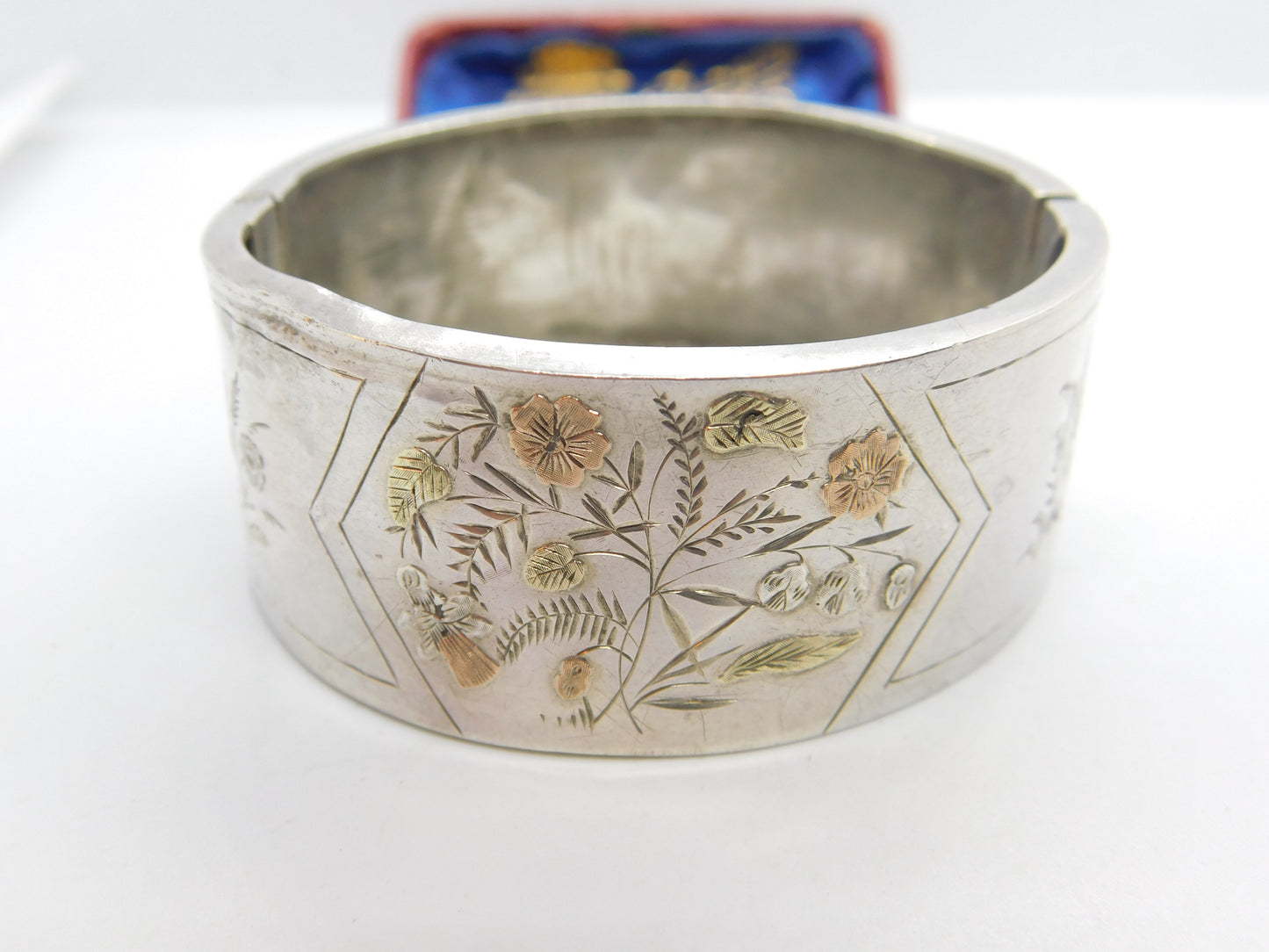 Victorian Aesthetic Movement Sterling Silver & Gold Floral Cuff Bangle c1880