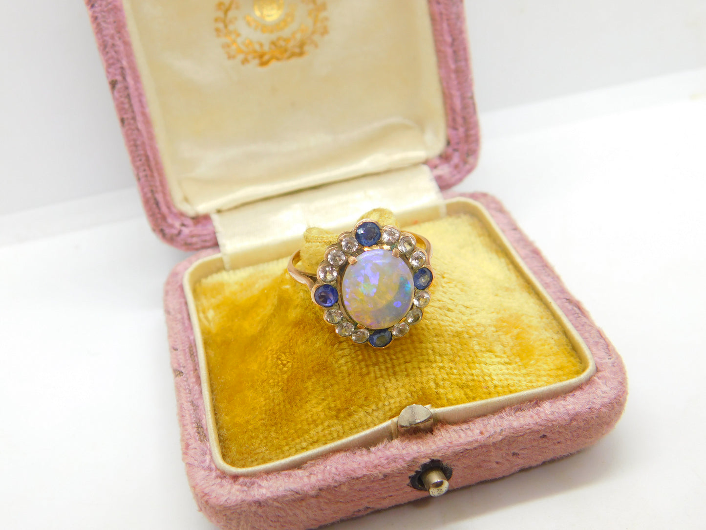 Victorian 9ct Rose Gold, Water Opal & Two-Tone Sapphire Dress Ring Antique c1850