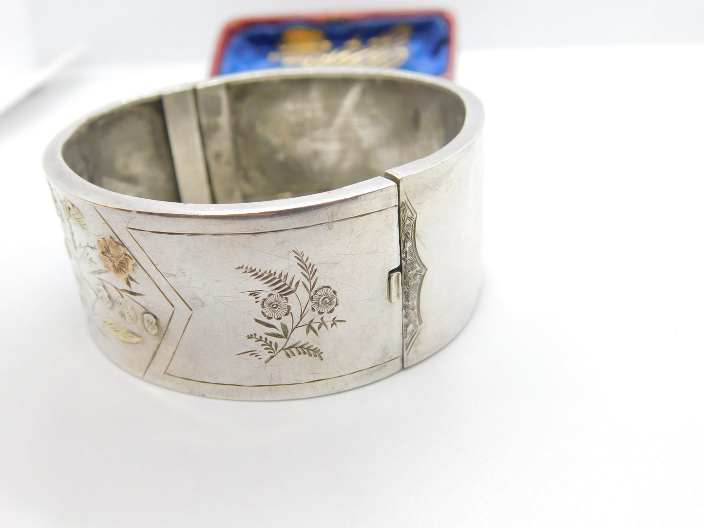 Victorian Aesthetic Movement Sterling Silver & Gold Floral Cuff Bangle c1880