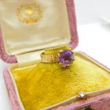 9ct Yellow Gold Textured Pattern Solitaire Ring with Amethyst Setting Vintage