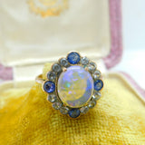 Victorian 9ct Rose Gold, Water Opal & Two-Tone Sapphire Dress Ring Antique c1850
