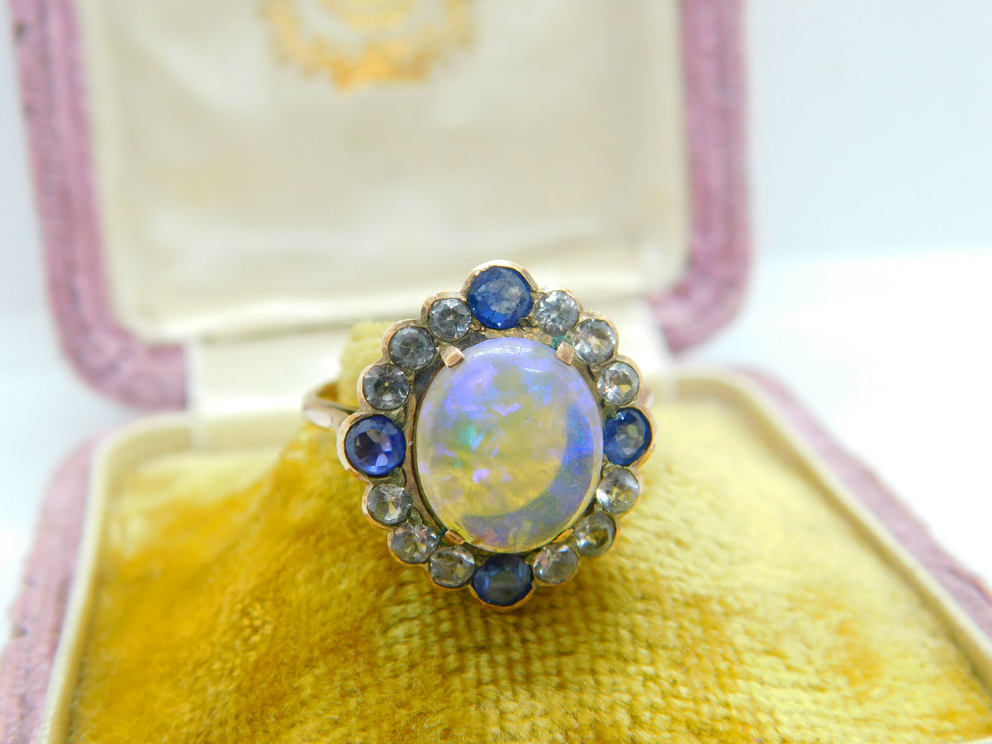 Victorian 9ct Rose Gold, Water Opal & Two-Tone Sapphire Dress Ring Antique c1850