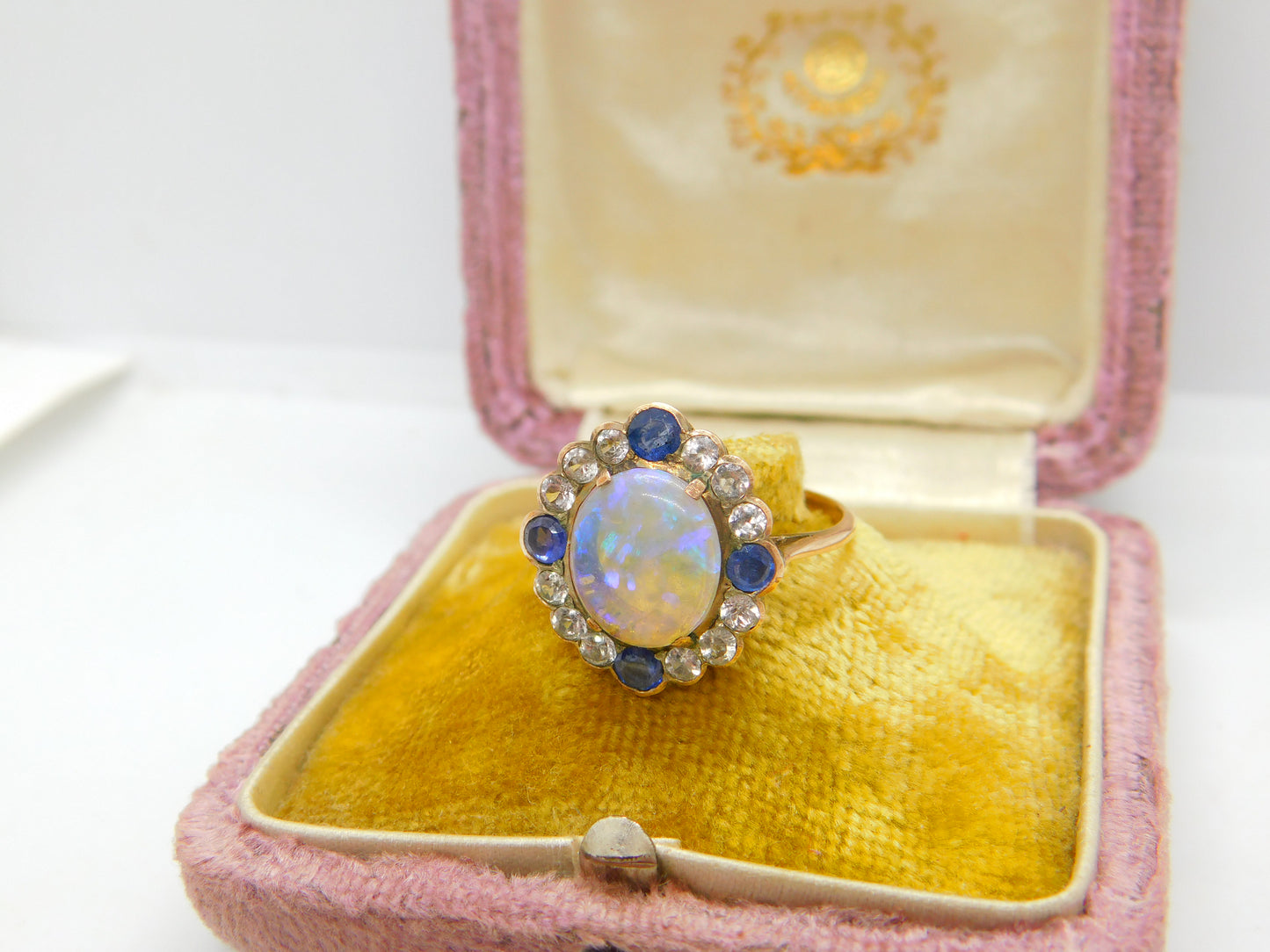 Victorian 9ct Rose Gold, Water Opal & Two-Tone Sapphire Dress Ring Antique c1850