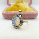 Victorian 9ct Rose Gold, Water Opal & Two-Tone Sapphire Dress Ring Antique c1850