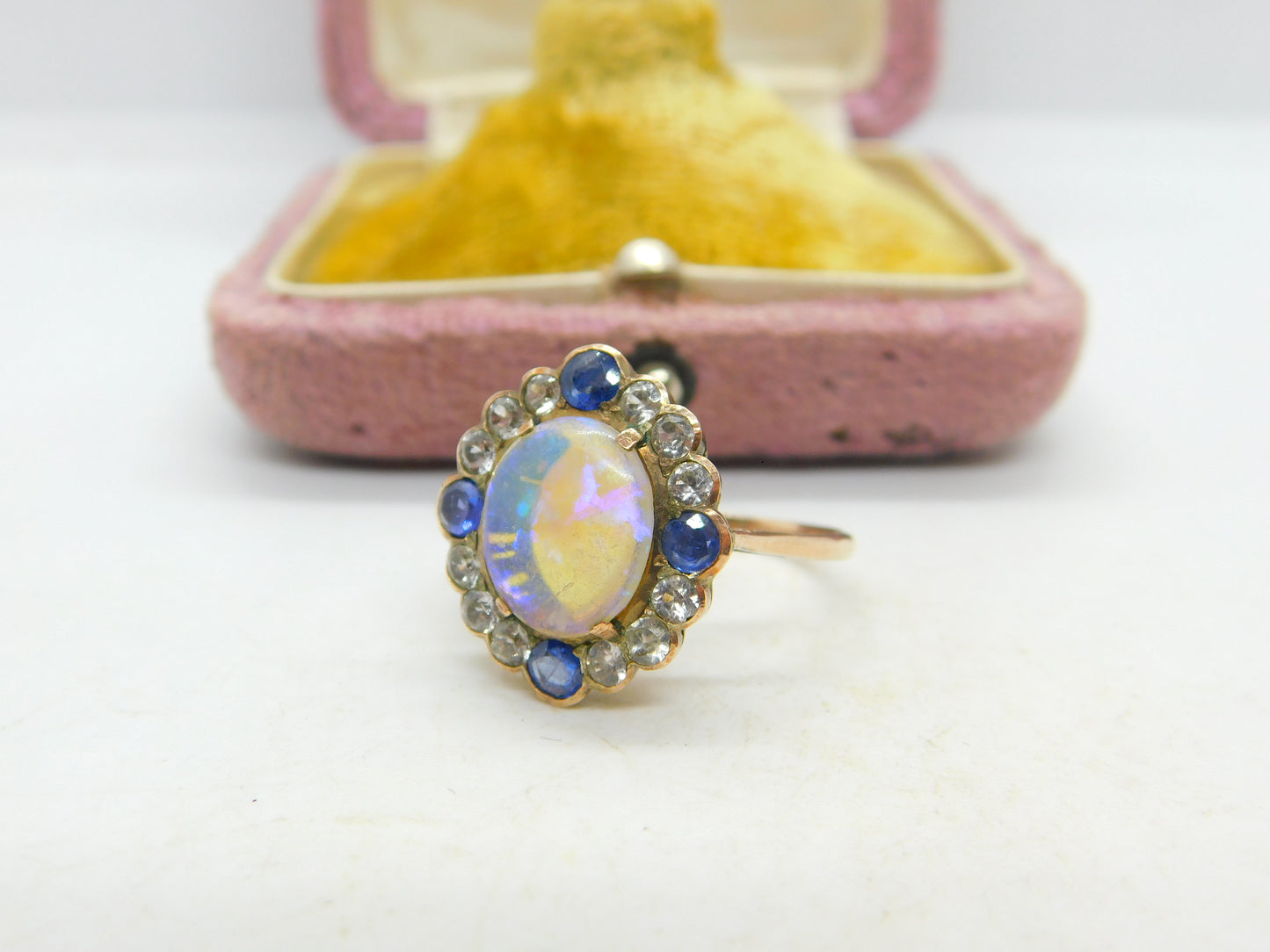 Victorian 9ct Rose Gold, Water Opal & Two-Tone Sapphire Dress Ring Antique c1850