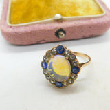 Victorian 9ct Rose Gold, Water Opal & Two-Tone Sapphire Dress Ring Antique c1850