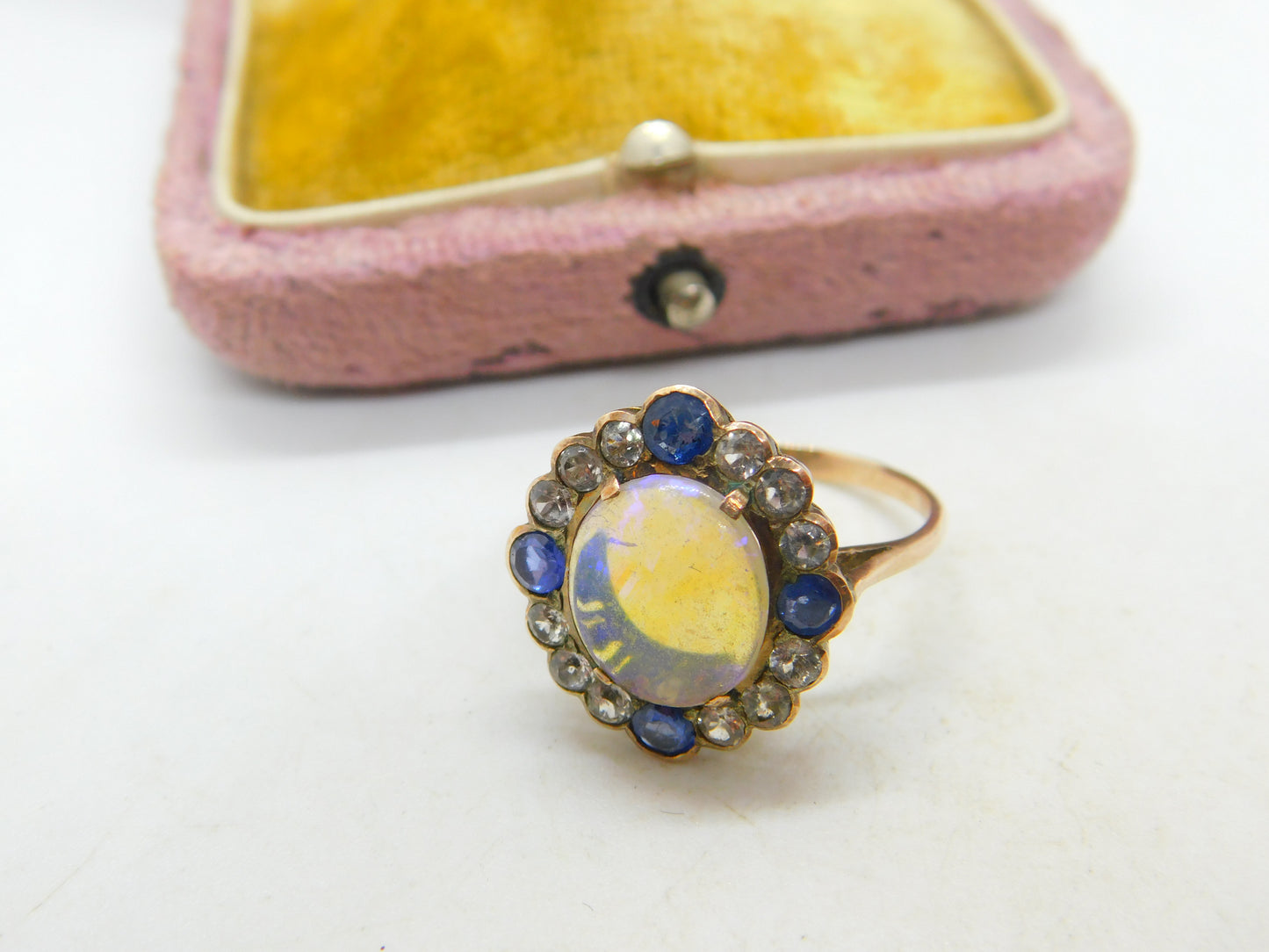 Victorian 9ct Rose Gold, Water Opal & Two-Tone Sapphire Dress Ring Antique c1850