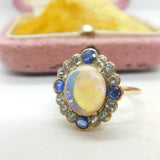 Victorian 9ct Rose Gold, Water Opal & Two-Tone Sapphire Dress Ring Antique c1850