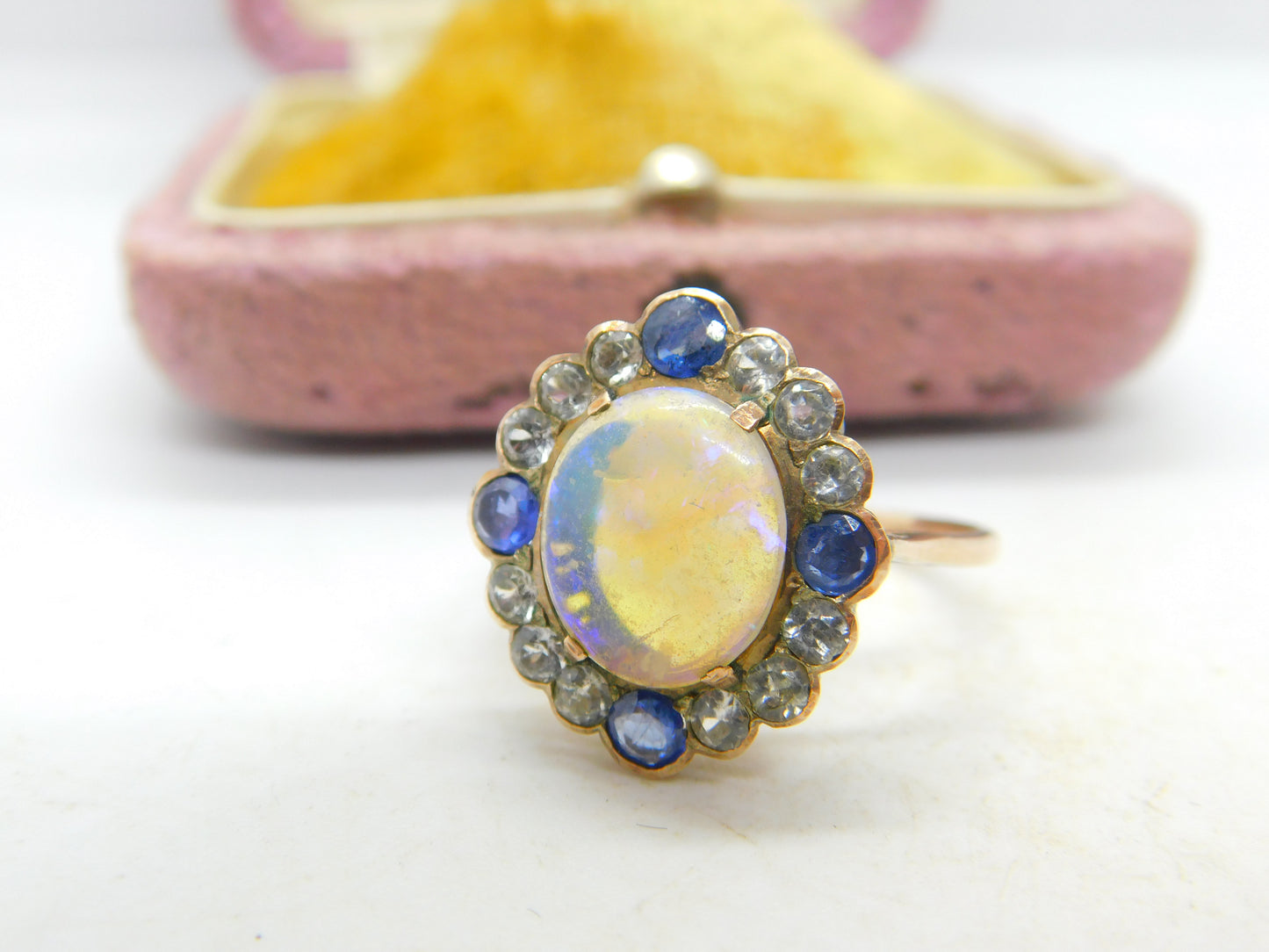 Victorian 9ct Rose Gold, Water Opal & Two-Tone Sapphire Dress Ring Antique c1850