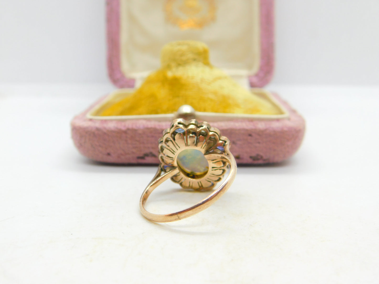 Victorian 9ct Rose Gold, Water Opal & Two-Tone Sapphire Dress Ring Antique c1850