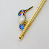 Victorian 15ct Yellow Gold, Enamel & Pearl Set Kingfisher Brooch Antique c1900