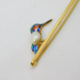 Victorian 15ct Yellow Gold, Enamel & Pearl Set Kingfisher Brooch Antique c1900