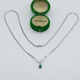9ct White Gold, 0.25ct Emerald & Diamond Drop Necklace Vintage c1990