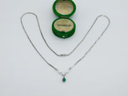 9ct White Gold, 0.25ct Emerald & Diamond Drop Necklace Vintage c1990