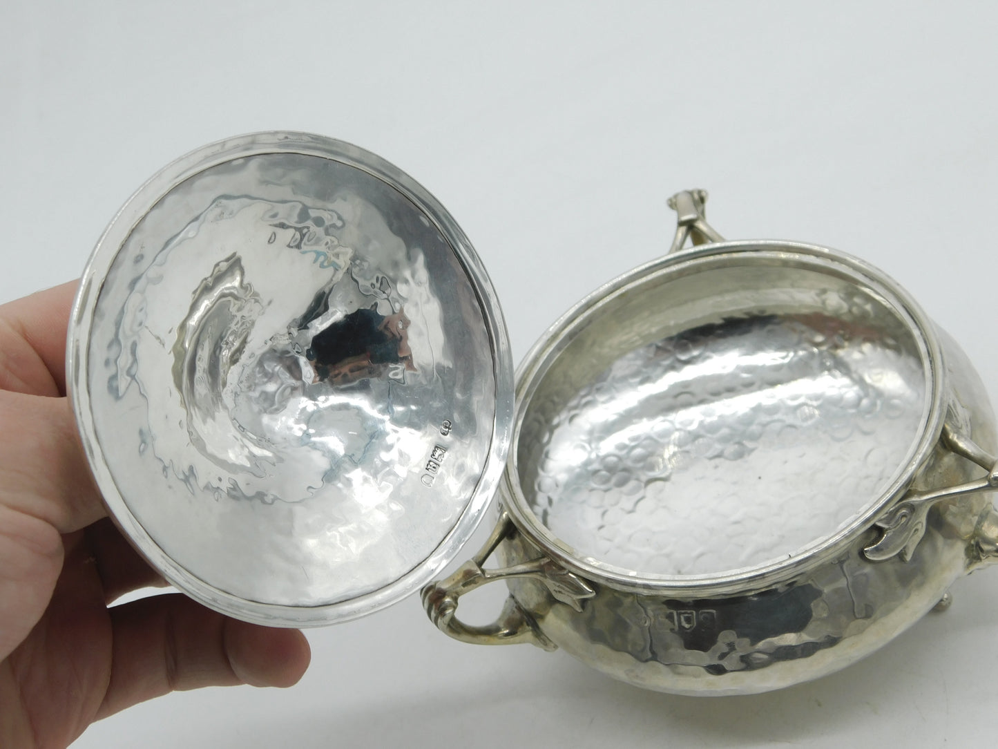 Arts & Crafts Planished Sterling Silver Sugar Bowl & Lid Antique 1911 London