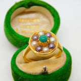18ct Yellow Gold, Pearl & Turquoise Floral Dress Ring Antique c1930 Art Deco