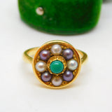 18ct Yellow Gold, Pearl & Turquoise Floral Dress Ring Antique c1930 Art Deco
