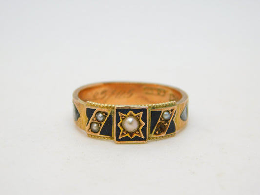 Edwardian 9ct Gold, Black Enamel & Seed Pearl Mourning Ring Antique 1904 Chester