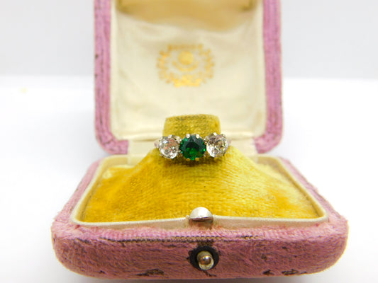 9ct Gold & Silver Set Emerald & White Paste Statement Ring Antique c1920