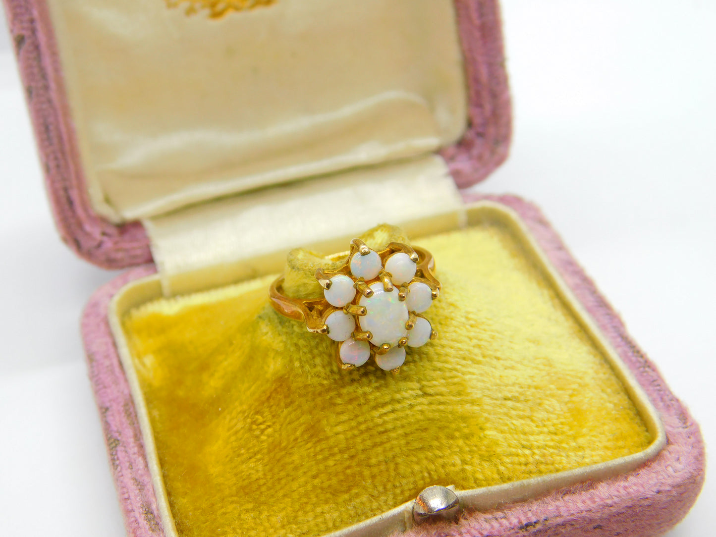 9ct Yellow Gold & Fire Opal Floral Cluster Ring 1973 London Vintage