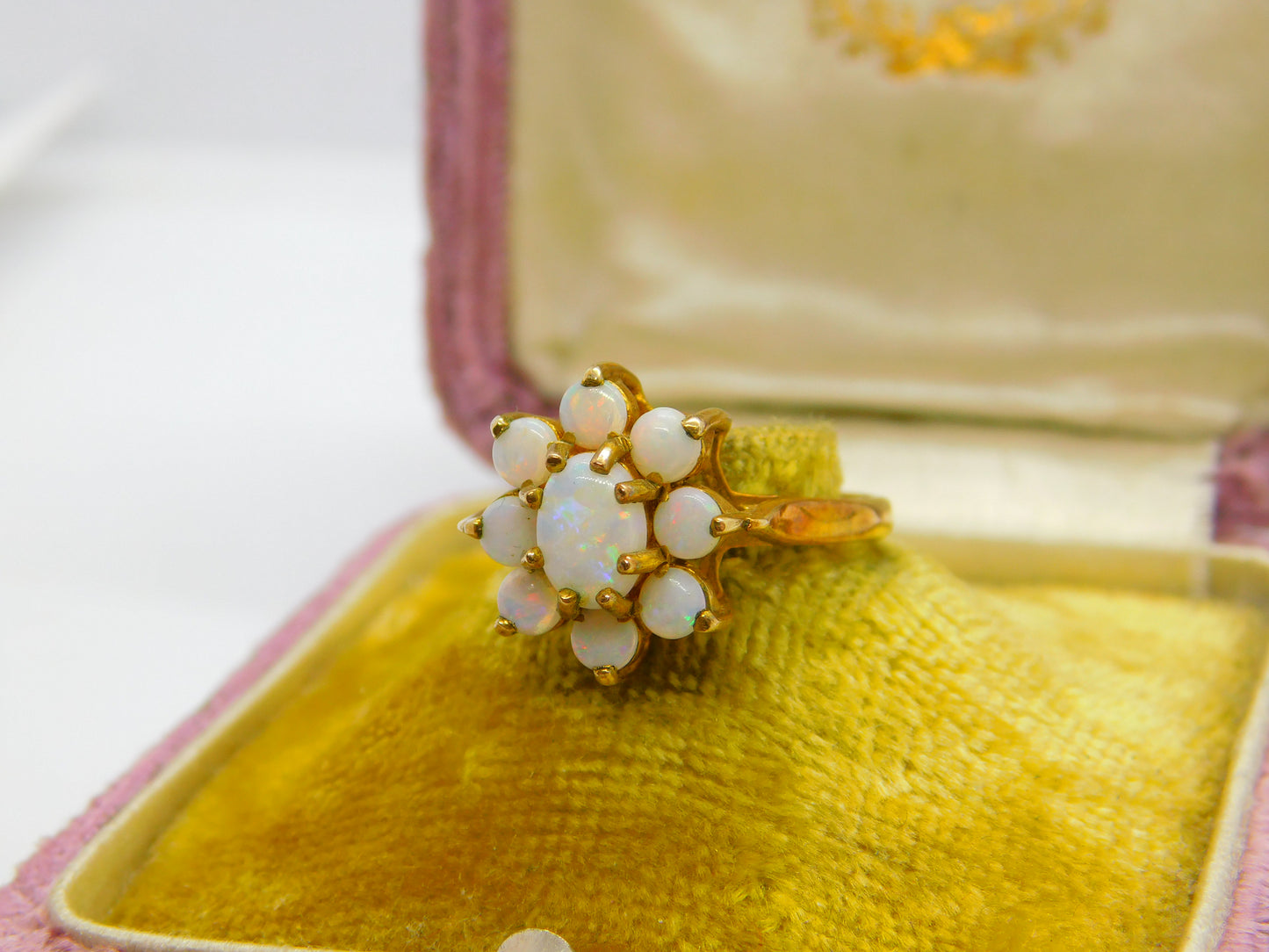 9ct Yellow Gold & Fire Opal Floral Cluster Ring 1973 London Vintage