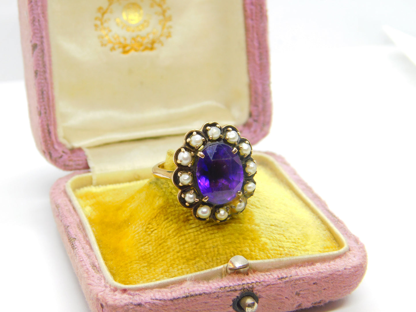 Victorian 9ct Yellow Gold, Amethyst & Pearl Set Floral Ring c1890 Antique