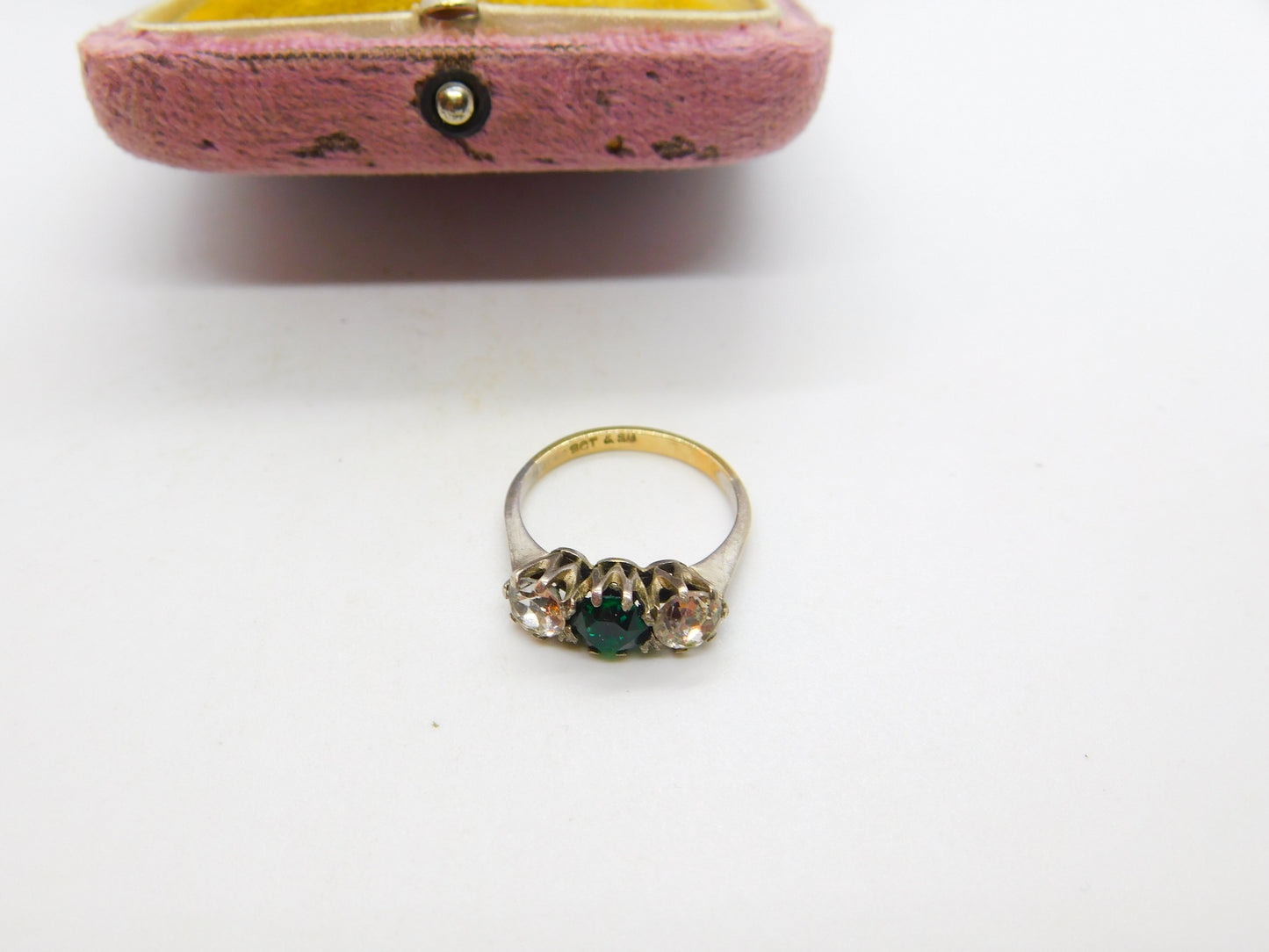 9ct Gold & Silver Set Emerald & White Paste Statement Ring Antique c1920