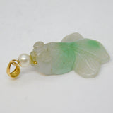 14ct Yellow Gold, Pearl, Carved Green Jade Koi Fish Pendant Vintage c1970