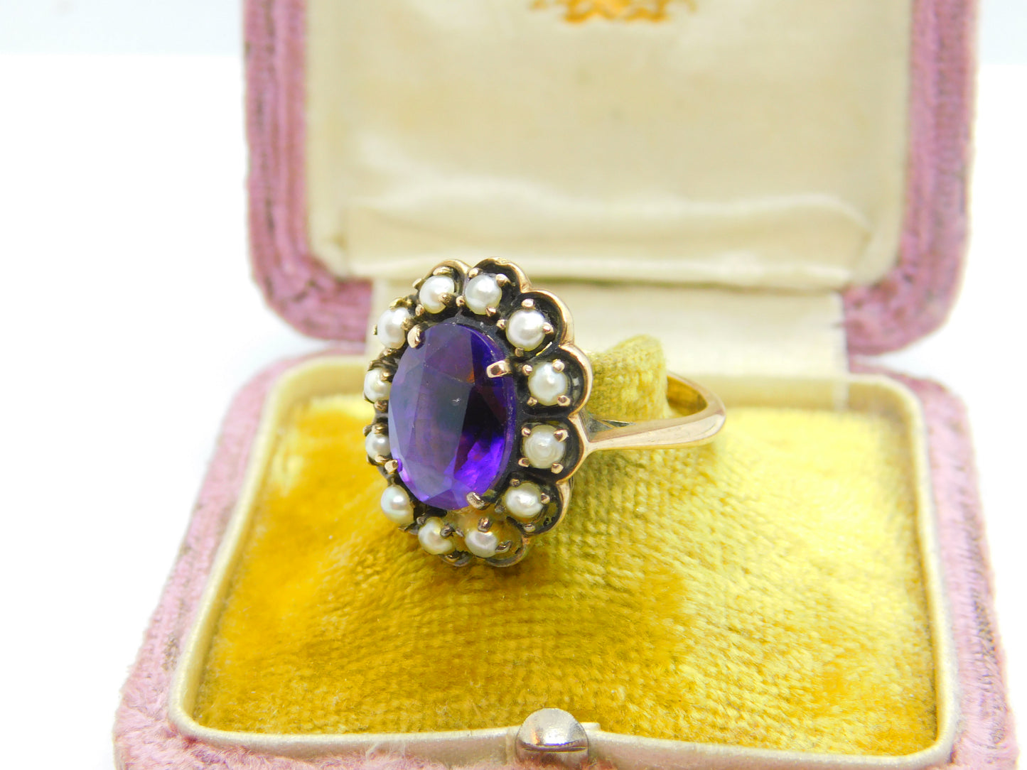 Victorian 9ct Yellow Gold, Amethyst & Pearl Set Floral Ring c1890 Antique