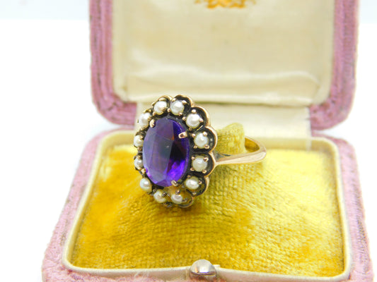 Victorian 9ct Yellow Gold, Amethyst & Pearl Set Floral Ring c1890 Antique