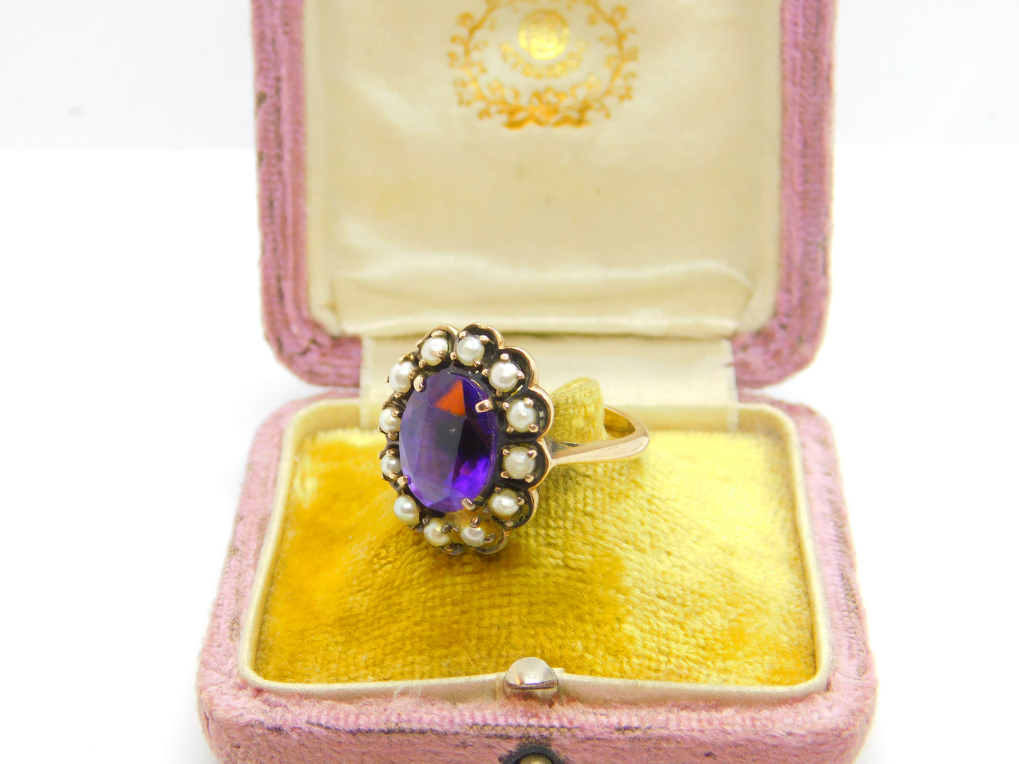 Victorian 9ct Yellow Gold, Amethyst & Pearl Set Floral Ring c1890 Antique