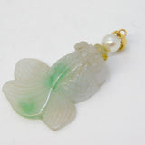 14ct Yellow Gold, Pearl, Carved Green Jade Koi Fish Pendant Vintage c1970
