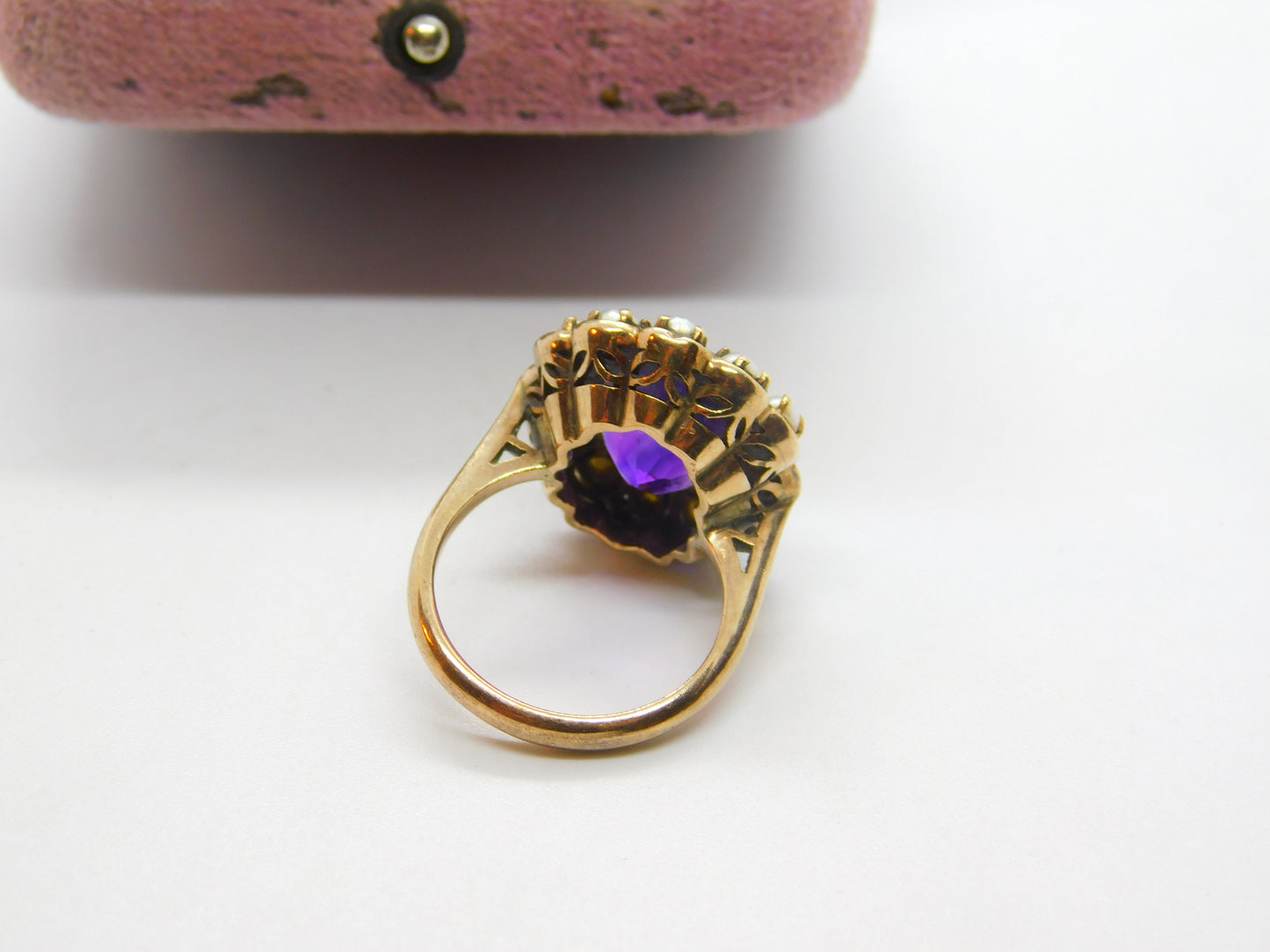 Victorian 9ct Yellow Gold, Amethyst & Pearl Set Floral Ring c1890 Antique