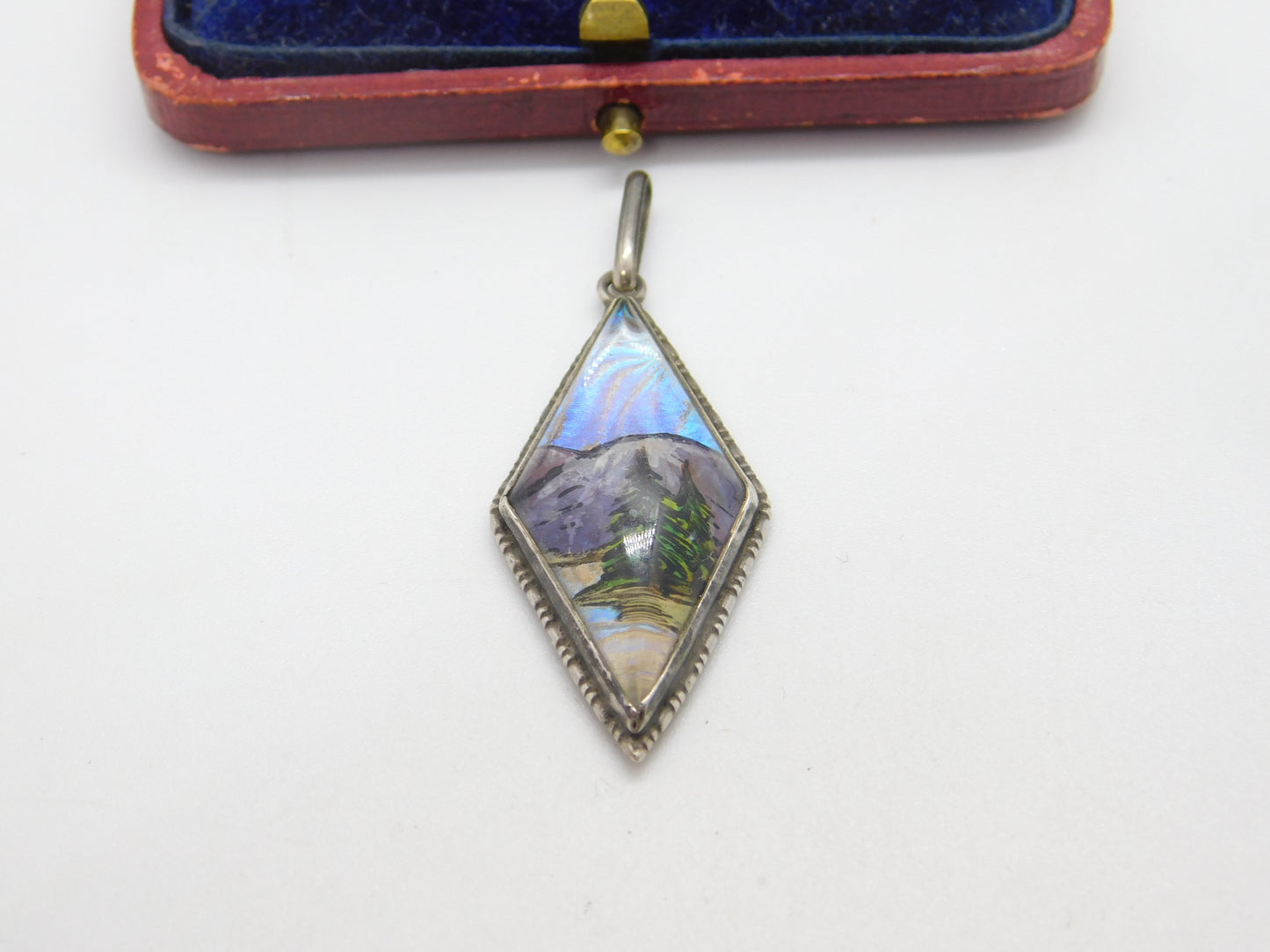 Sterling Silver Morpho Butterfly Wing Mountain Scene Pendant c1920 Art Deco