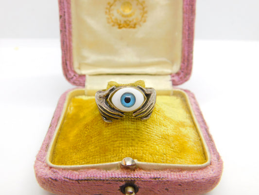 Sterling Silver Hands with All Seeing Eye Statement Ring Vintage c1970