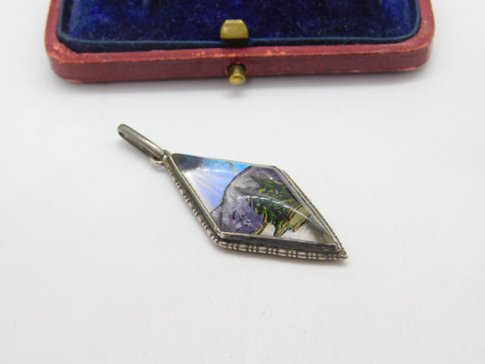 Sterling Silver Morpho Butterfly Wing Mountain Scene Pendant c1920 Art Deco