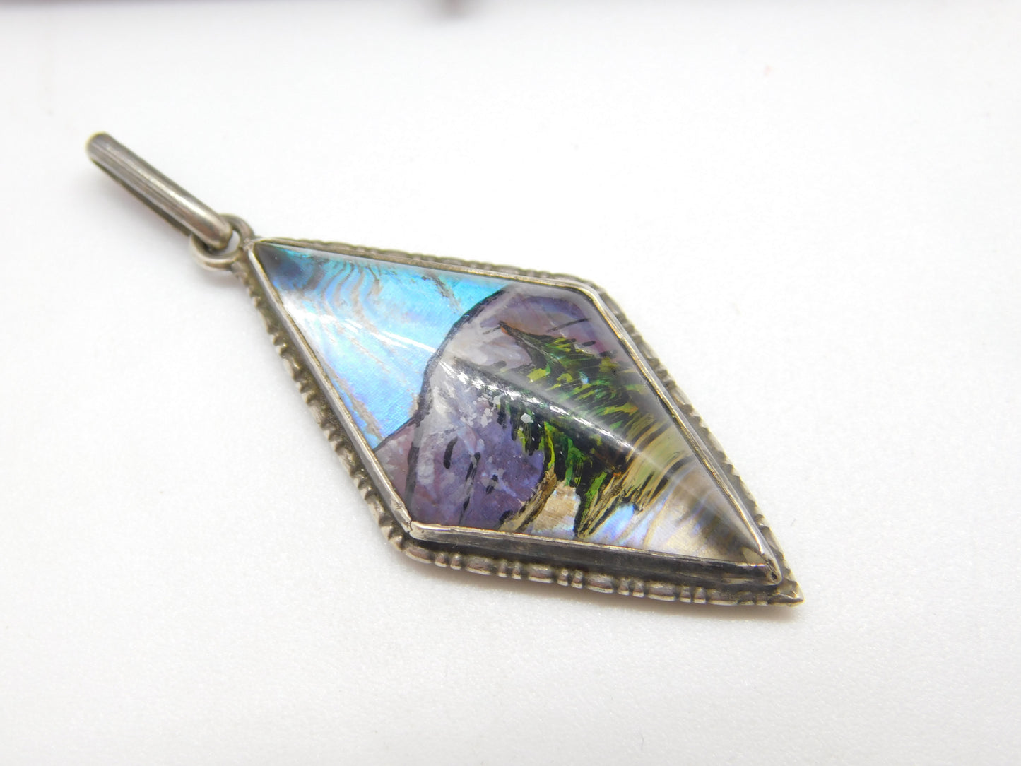 Sterling Silver Morpho Butterfly Wing Mountain Scene Pendant c1920 Art Deco