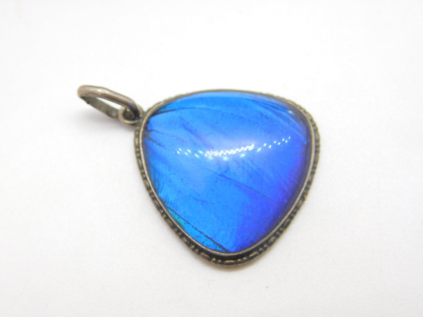 TLM Sterling Silver Morpho Butterfly Wing Deep Blue Pendant Antique c1920