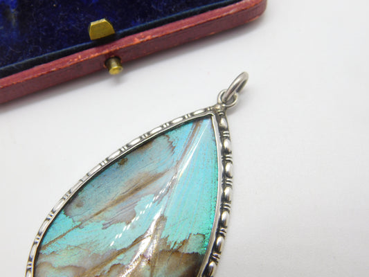 Large Sterling Silver Morpho Butterfly Wing Drop Pendant Antique c1920 Art Deco